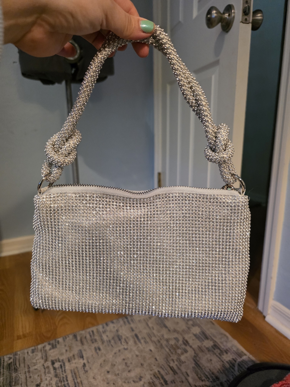 Amazon Silver Crystal Mesh Knot-Handle Evening Clutch